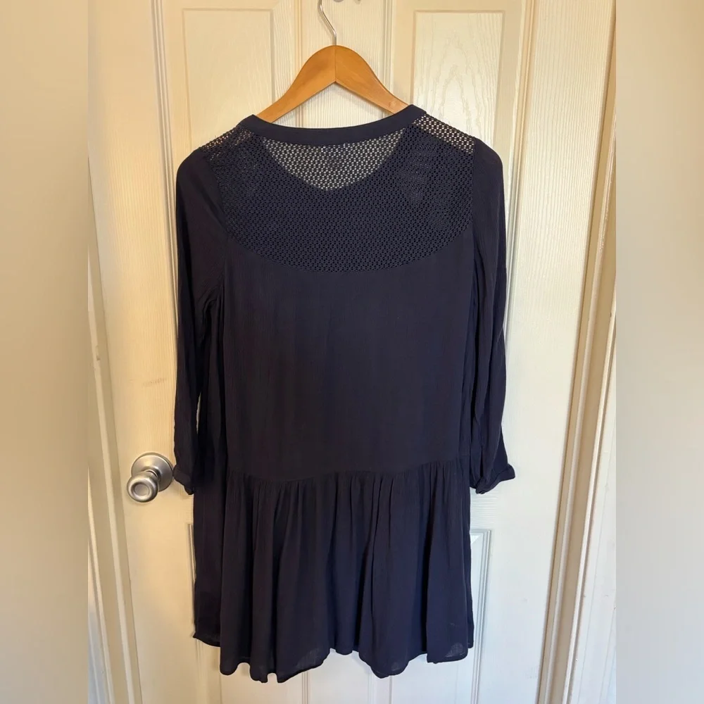 Hinge Navy Mesh Yoke Dress tunic Long Sleeve Button Front spring dress festival